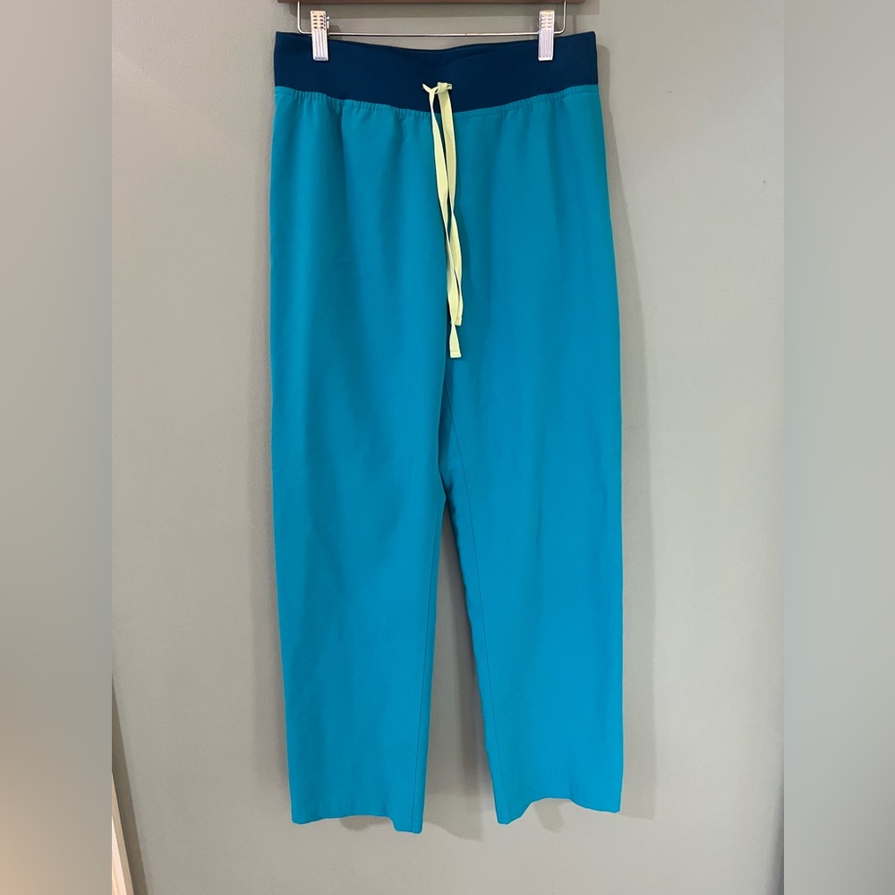 Figs Women's Teal Scrub Pants with Navy Waistband and Yellow Drawstring